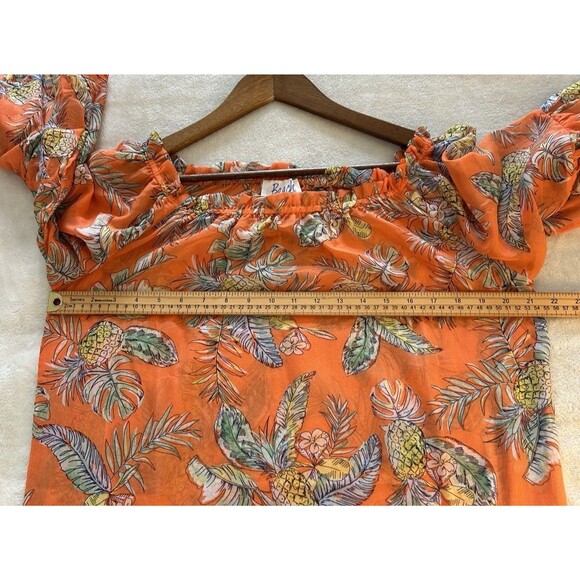 Womens Shirt Medium Boho Orange Tropical Island Hawaiian Flowy Relaxed Pineapple - Picture 8 of 11